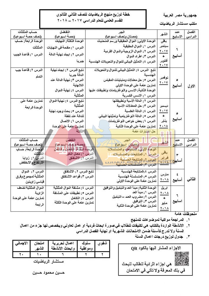 ننشر توزيع مناهج الرياضيات لطلاب المرحلة الثانوية عربي ولغات 2017 / 2018 2-ث_Page1-724x1024