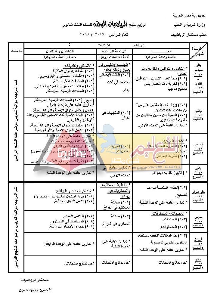 ننشر توزيع مناهج الرياضيات لطلاب المرحلة الثانوية عربي ولغات 2017 / 2018 3-ث_Page1-724x1024