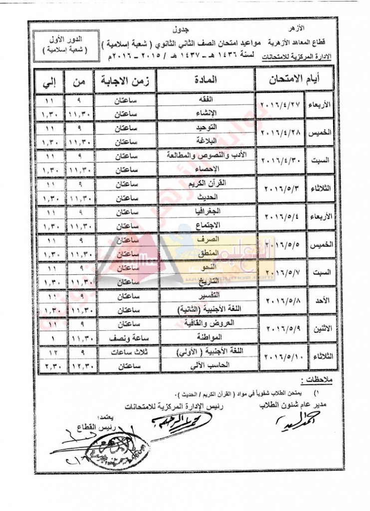 الصف الثاني الثانوي ( الشعبة الإسلامية)