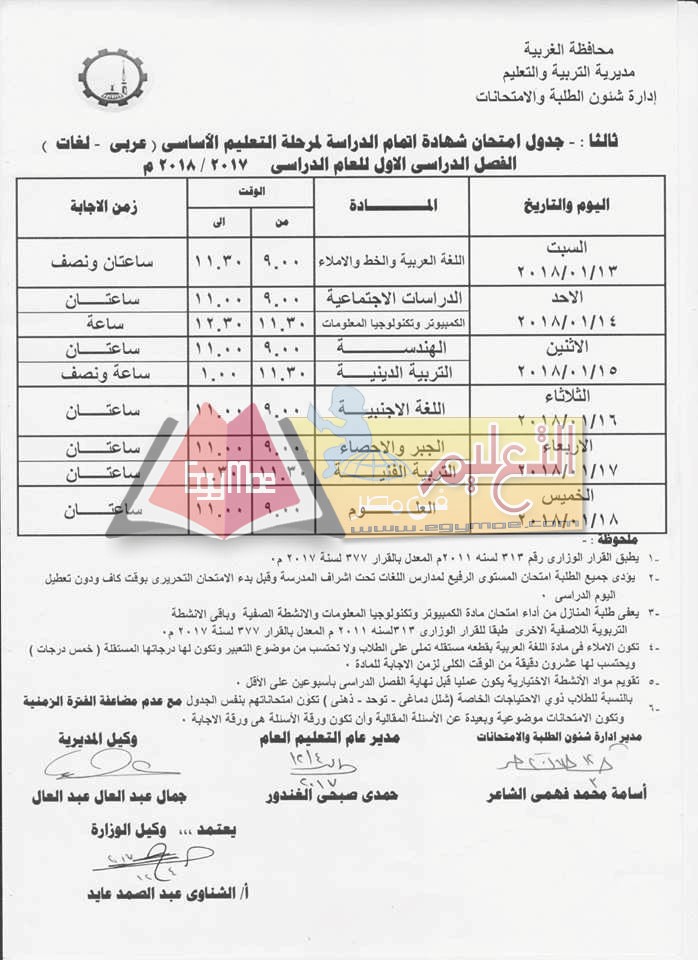 Ø¬Ø¯ÙˆÙ„ Ø§Ù…ØªØ­Ø§Ù†Ø§Øª Ø§Ù„ØµÙ Ø§Ù„Ø«Ø§Ù„Ø« Ø§Ù„Ø§Ø¹Ø¯Ø§Ø¯Ù‰ 2017 Ù…Ø­Ø§ÙØ¸Ø© Ø§Ù„ØºØ±Ø¨ÙŠØ©